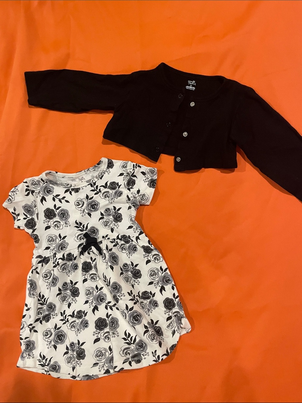 Black Cropped Cardigan with White Rose Print Dress